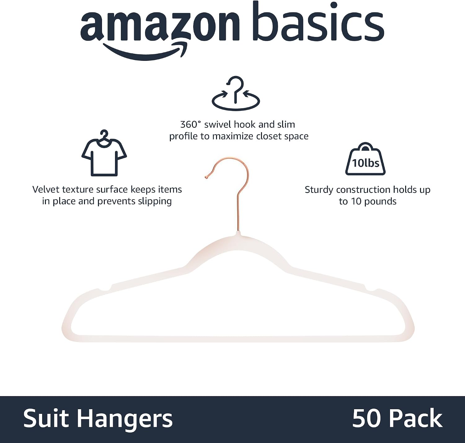 Amazon Basics Space Saving Slim Velvet Non-Slip Suit Clothes Hangers. Sturdy Construction. Closet Organizer. Pack of 50. Blush Pink/Rose Gold - Image 2