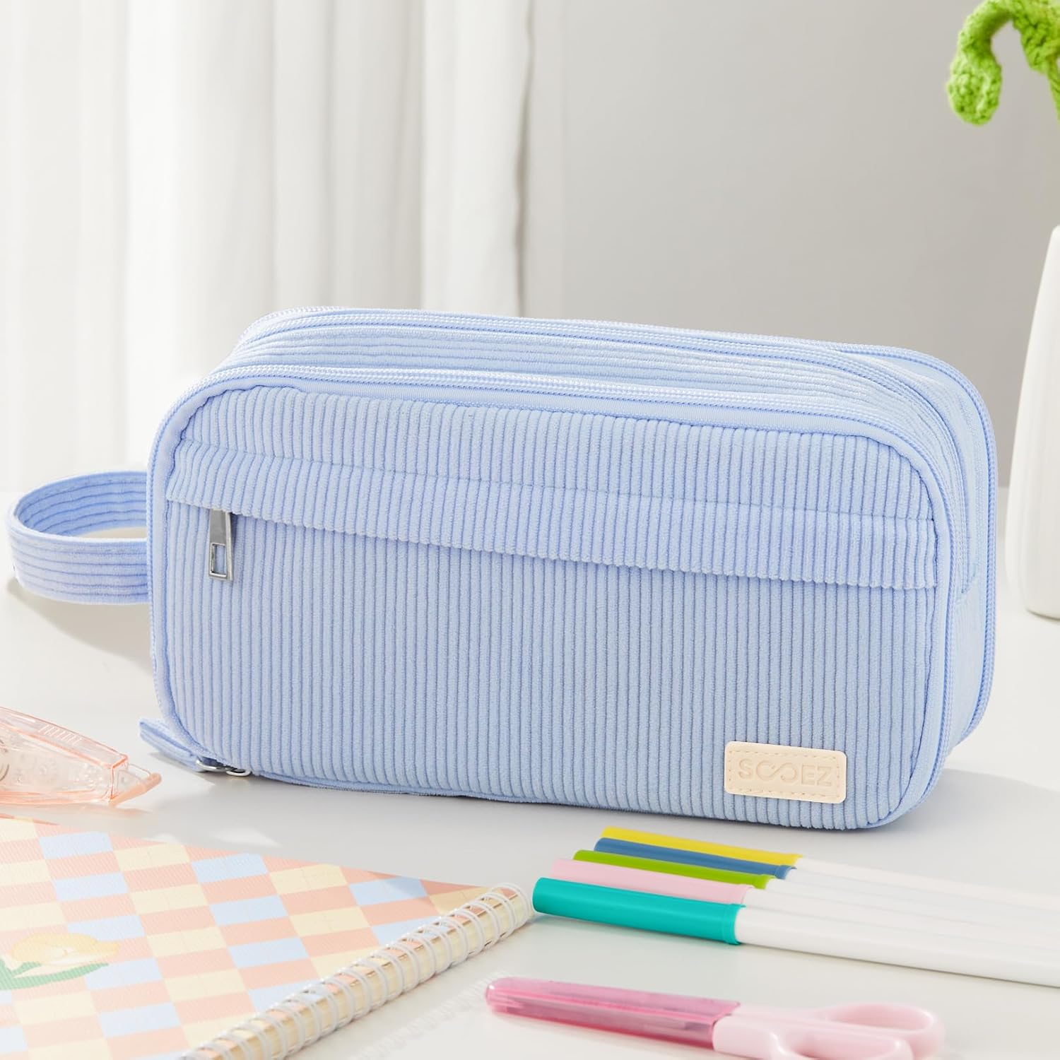 Sooez High Capacity Pencil Case. Soft Corduroy Pencil Pouch with 4 Compartments. Multiple Pockets. Large Pencil Bag with Sturdy Zipper. Cute Pencil Case Pouch Organizer for Student Teen Girls. Blue - Image 7