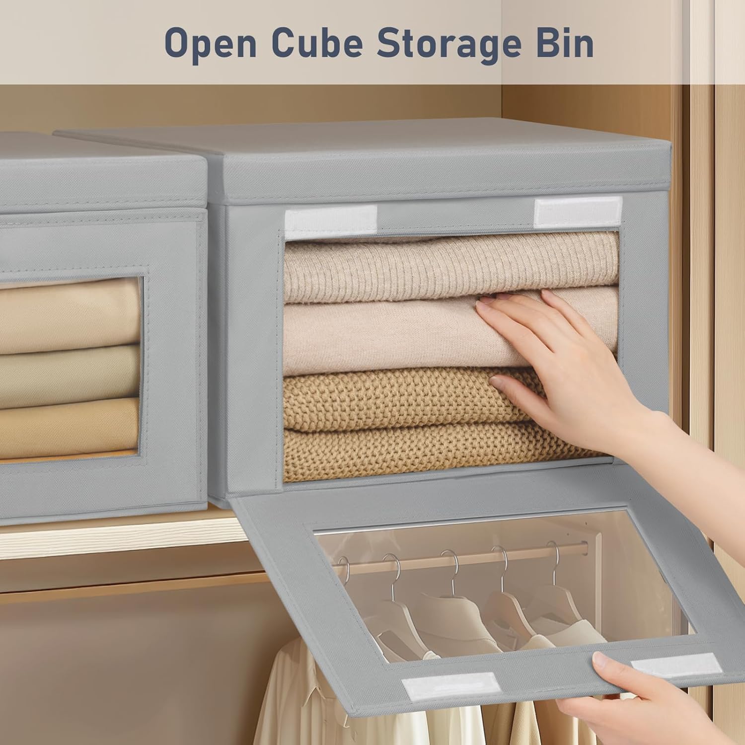 DIMJ Storage Bins with Lids - 4 Pack Large Fabric Closet Organizer with Window & Handles. Collapsible Decorative Storage Boxes for Shelves Under Bed. Books Clothes Blankets Sweaters Organization - Image 2