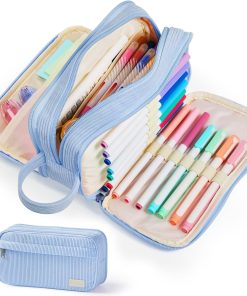 Sooez High Capacity Pencil Case. Soft Corduroy Pencil Pouch with 4 Compartments. Multiple Pockets. Large Pencil Bag with Sturdy Zipper. Cute Pencil Case Pouch Organizer for Student Teen Girls. Blue