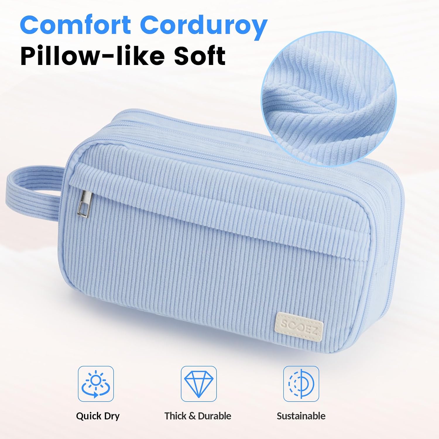 Sooez High Capacity Pencil Case. Soft Corduroy Pencil Pouch with 4 Compartments. Multiple Pockets. Large Pencil Bag with Sturdy Zipper. Cute Pencil Case Pouch Organizer for Student Teen Girls. Blue - Image 2
