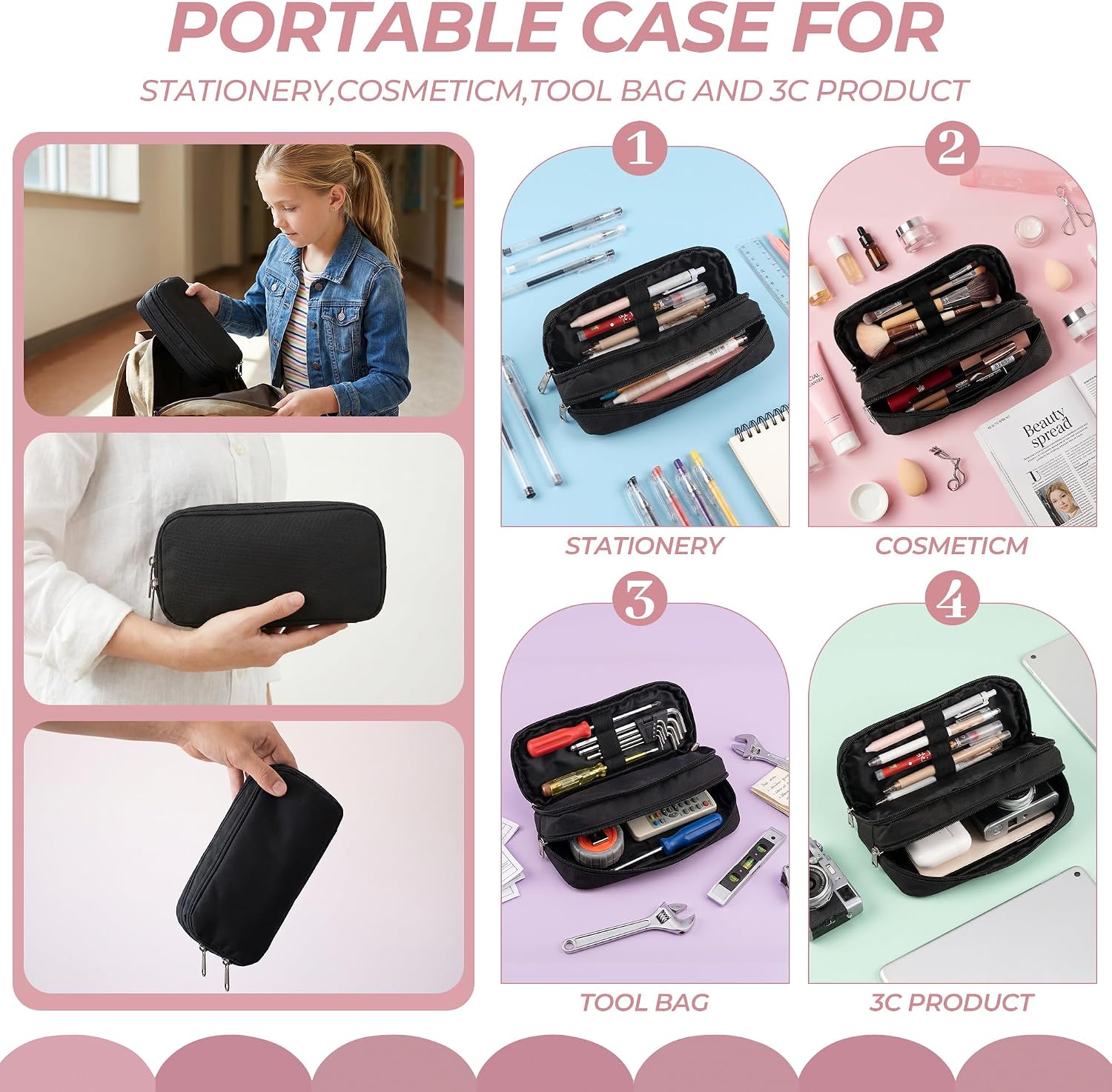 Della Gao Large Pencil Case. Big Capacity Pencil Pouch with 2 Compartments. Office Pencil Bag with Zipper. Big Pen Case for Adults (01-Black) - Image 4