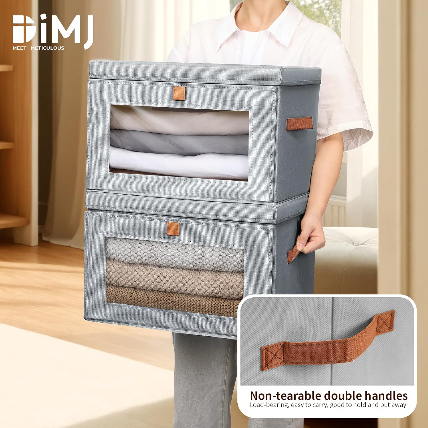 DIMJ Storage Bins with Lids - 4 Pack Large Fabric Closet Organizer with Window & Handles. Collapsible Decorative Storage Boxes for Shelves Under Bed. Books Clothes Blankets Sweaters Organization - Image 6